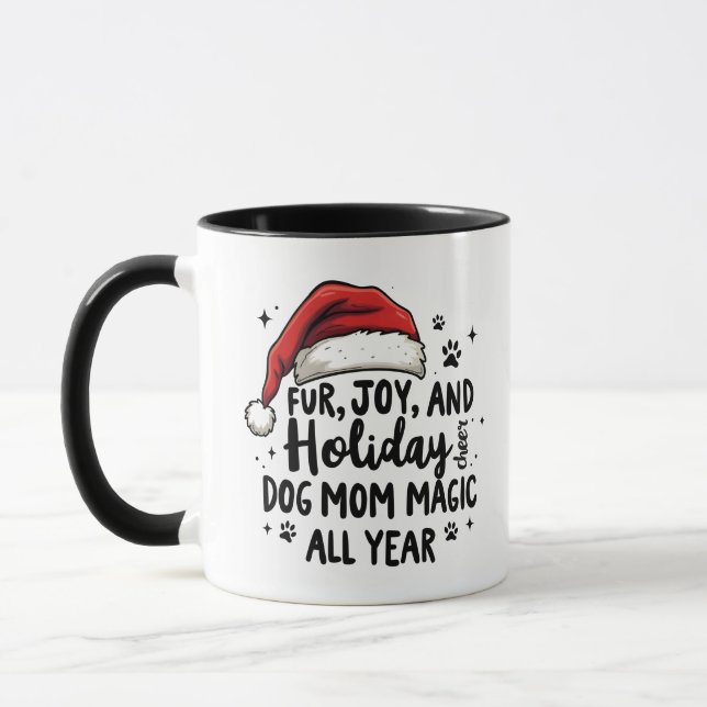 Minimalist Fun Christmas Hat & Typography Dog Mum  Mug (Left)