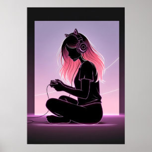 Minimalist Gamer Girl Silhouette Art Poster
