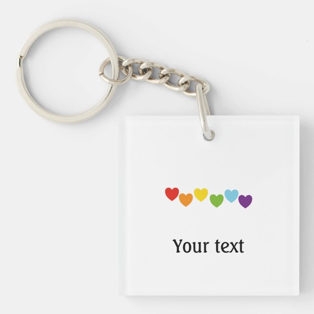 Minimalist Gay Pride Rainbow Hearts Text Key Ring (Front)