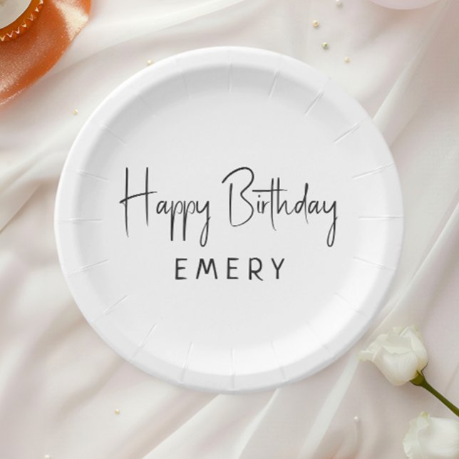 Minimalist Gender Neutral Happy Birthday With Name Paper Plate (Creator Uploaded)