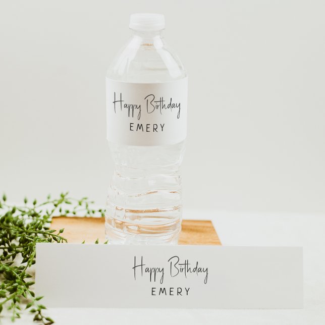 Minimalist Gender Neutral Happy Birthday With Name Water Bottle Label (Creator Uploaded)