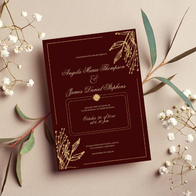 Minimalist geometric burgundy gold floral wedding invitation (Minimalist geometric burgundy gold floral wedding invitation )