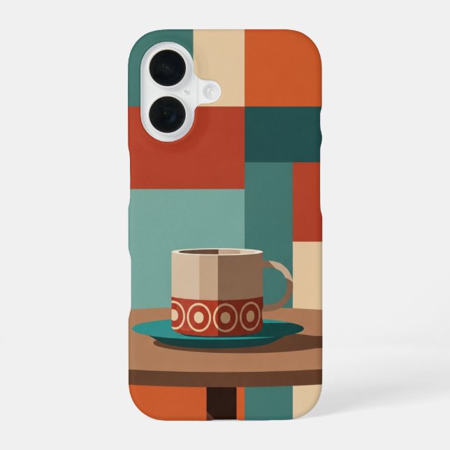 Minimalist Geometric Coffee Cup Scene iPhone 16 Case (Back)