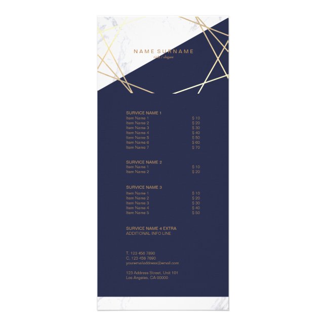 Minimalist Geometric Marble Gold Midnight Blue Rack Card (Front)