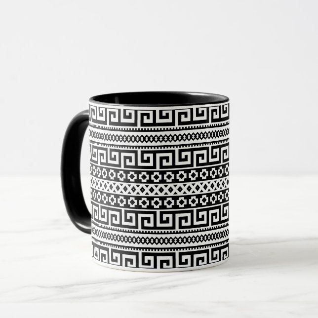 Minimalist Geometric Maze Lines Black White Mug (Front Left)