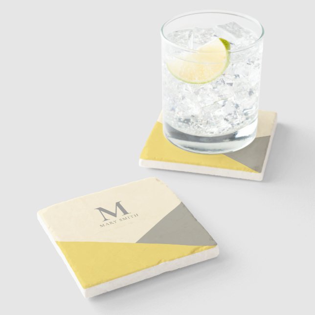 Minimalist Geometric Yellow and Grey Monogram Stone Coaster (Side)