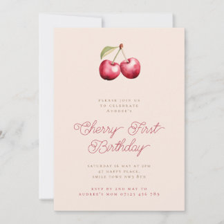 Minimalist Girls Cherry First Birthday Party Invitation