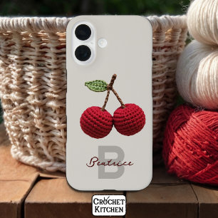 Minimalist Girly Crochet Red Cherry Monogram Name iPhone 16 Case