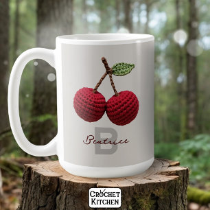 Minimalist Girly Crochet Red Cherry Monogram Name Coffee Mug