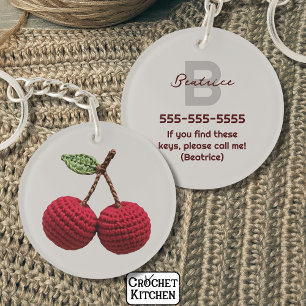 Minimalist Girly Crochet Red Cherry Monogram Name Key Ring