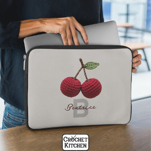 Minimalist Girly Crochet Red Cherry Monogram Name Laptop Sleeve
