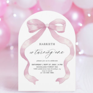Minimalist Girly Pink Coquette Bow 1st Birthday Invitation