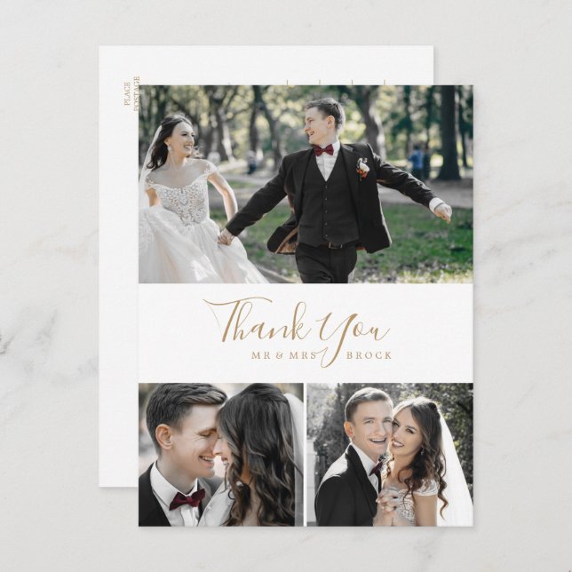 Minimalist Gold 3 Photo Collage Thank You Postcard (Front/Back)