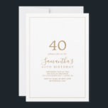 Minimalist Gold 40th Birthday Invitation<br><div class="desc">This minimalist gold 40th birthday invitation is perfect for a simple birthday party. The modern romantic design features classic gold and white typography paired with a rustic yet elegant calligraphy with vintage hand lettered style. Customisable in any colour. Keep the design simple and elegant, as is, or personalise it by...</div>