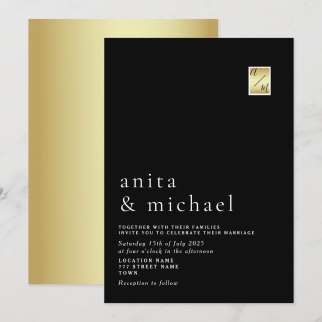 Minimalist Gold and Black Wedding Invitation (Front/Back)