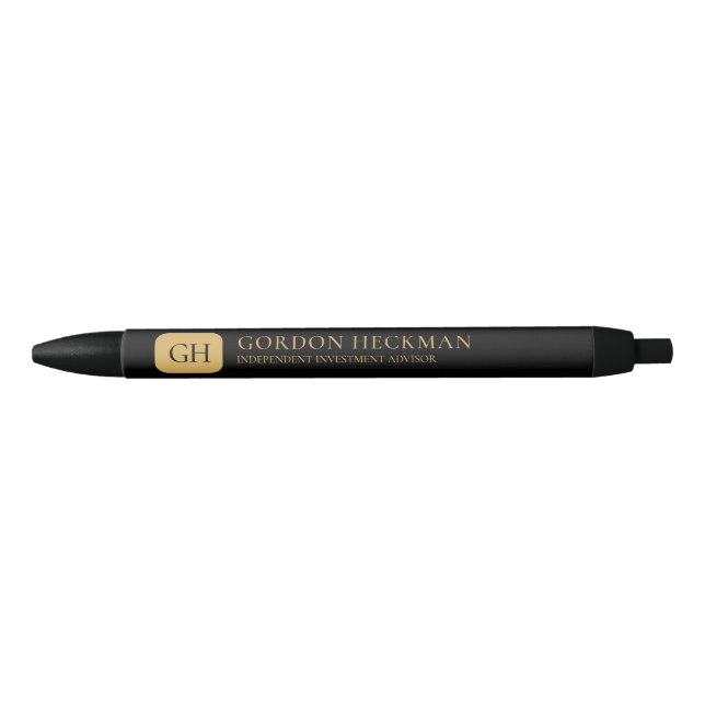 Minimalist gold and black whimsical monogram black ink pen (Front)