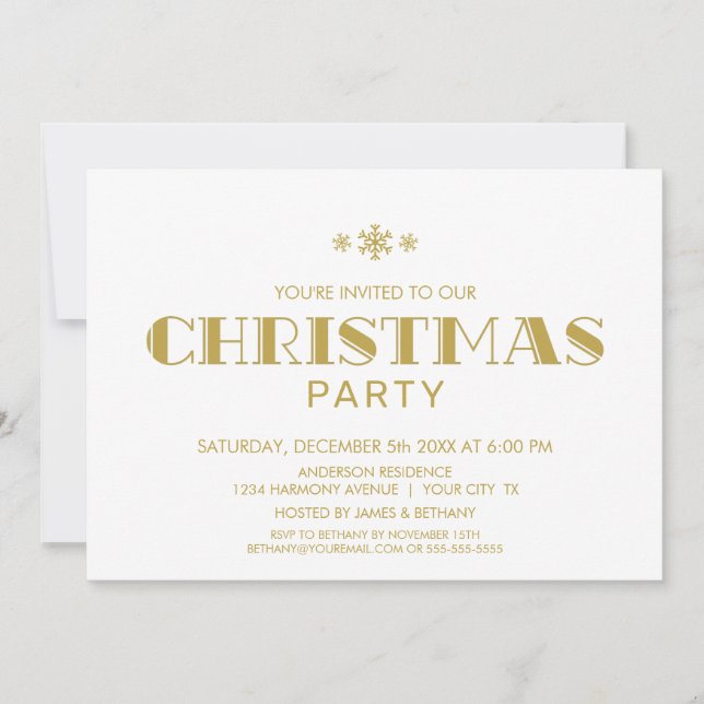 Minimalist Gold and White Christmas Party Invitation (Front)