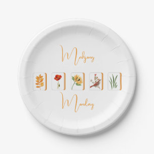 Minimalist Gold and White Mahjong Flower Tiles Paper Plate