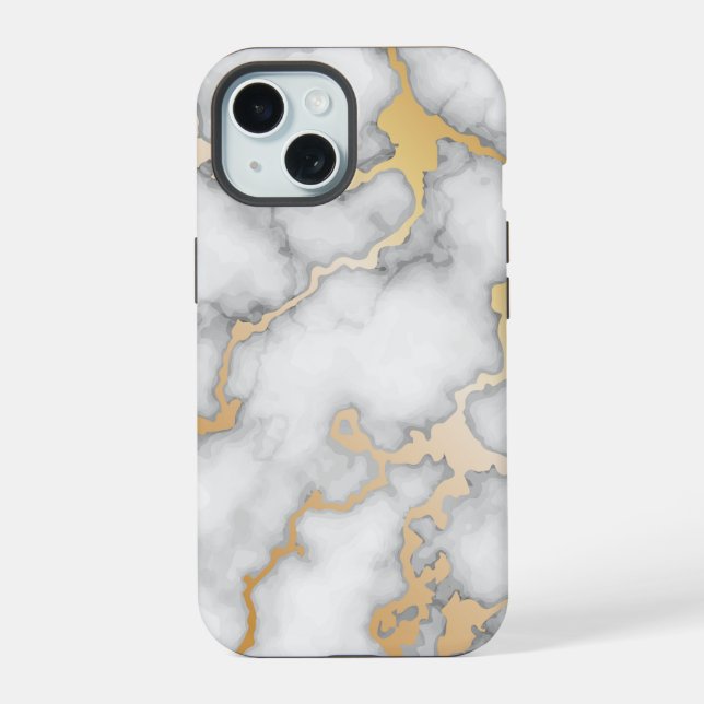 Minimalist Gold And White Marble iPhone 15 Case (Back)