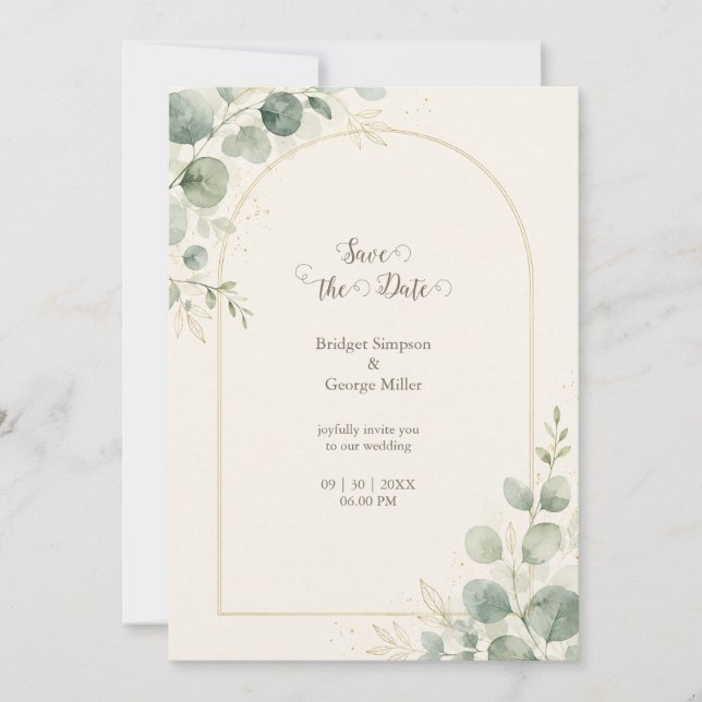 Minimalist Gold Arch Eucalyptus Wedding Invitation (Front)