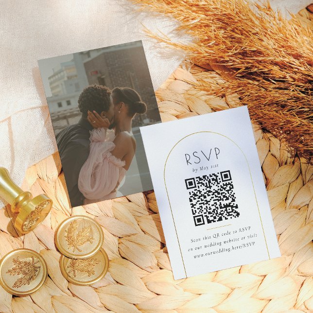 Minimalist Gold Arch Photo QR Code Wedding RSVP Enclosure Card (Creator Uploaded)