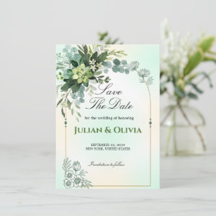 Minimalist Gold Arch Sage Green Save the Date Card