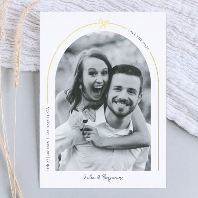 Minimalist Gold Arch with Bow Photo Save the Date (A minimalist save the date photo card in black and white with a foil arch and little bow detail)