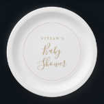 Minimalist Gold Baby Shower Paper Plate<br><div class="desc">This minimalist gold baby shower paper plate is perfect for a simple baby shower. The modern romantic design features classic gold and white typography paired with a rustic yet elegant calligraphy with vintage hand lettered style. Customisable in any colour. Keep the design simple and elegant, as is, or personalise it...</div>