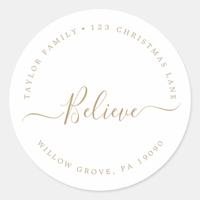 Minimalist Gold Believe Holiday Circular Address Classic Round Sticker (Front)