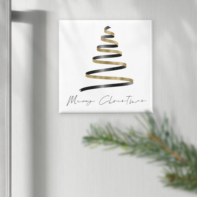 Minimalist Gold Black Artsy Tree Merry Christmas Magnet (2 inch square fridge magnet)