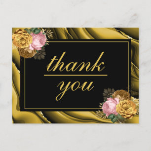 Minimalist Gold Black Floral Wedding Thank You Postcard