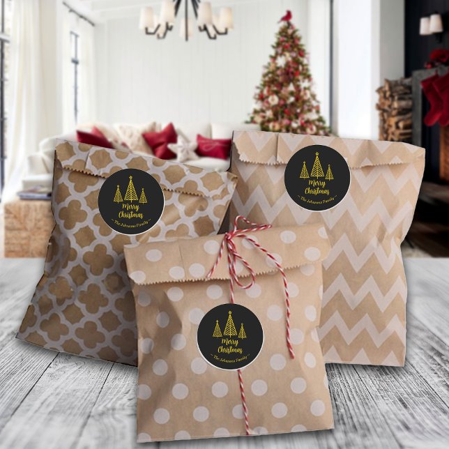 Minimalist Gold Black Merry Christmas Classic Round Sticker (Creator Uploaded)