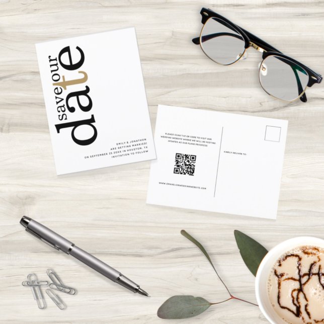 Minimalist Gold Black White QR Code Save The Date Postcard (Creator Uploaded)