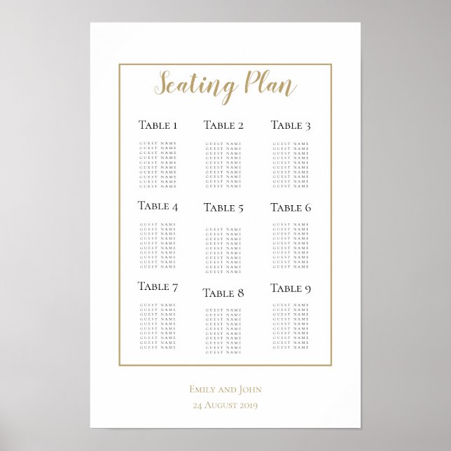 Minimalist Gold Border Design Seating Plan Poster (Front)