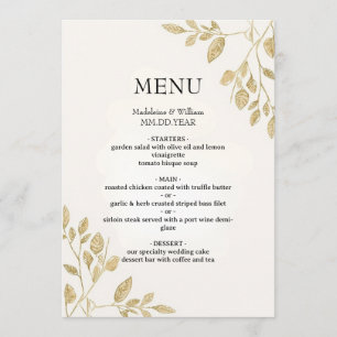 Minimalist Gold Botanical Wedding Menu