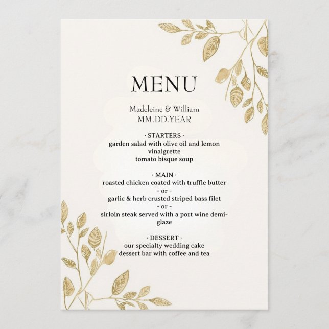 Minimalist Gold Botanical Wedding Menu  (Front)