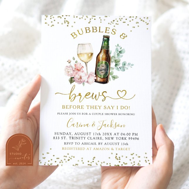 Minimalist Gold Bubbles and Brews Couples Shower Invitation (Creator Uploaded)