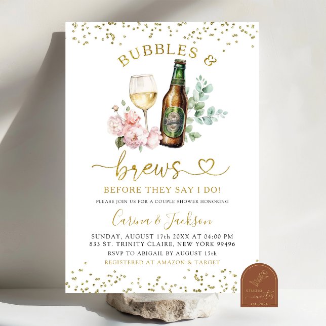 Minimalist Gold Bubbles and Brews Couples Shower Invitation (Creator Uploaded)