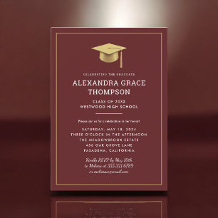 Minimalist Gold Burgundy Modern Graduation Invitation