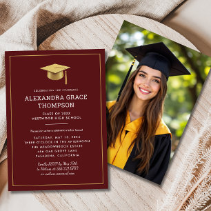 Minimalist Gold Burgundy Photo Modern Graduation  Invitation