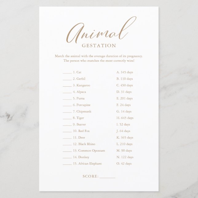 Minimalist Gold Calligraphy Baby Gestation Game (Front)