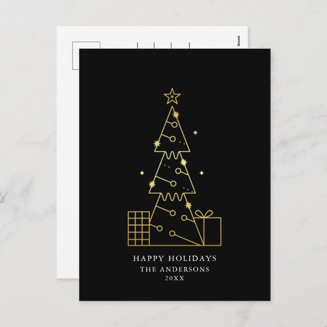 Minimalist Gold Christmas Tree Modern Black Holiday Postcard (Front/Back)