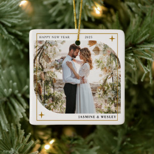 Minimalist Gold Christmas Wedding Photo Ceramic Ornament