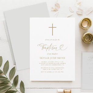 Minimalist Gold Cross Calligraphy Baptism  Invitation