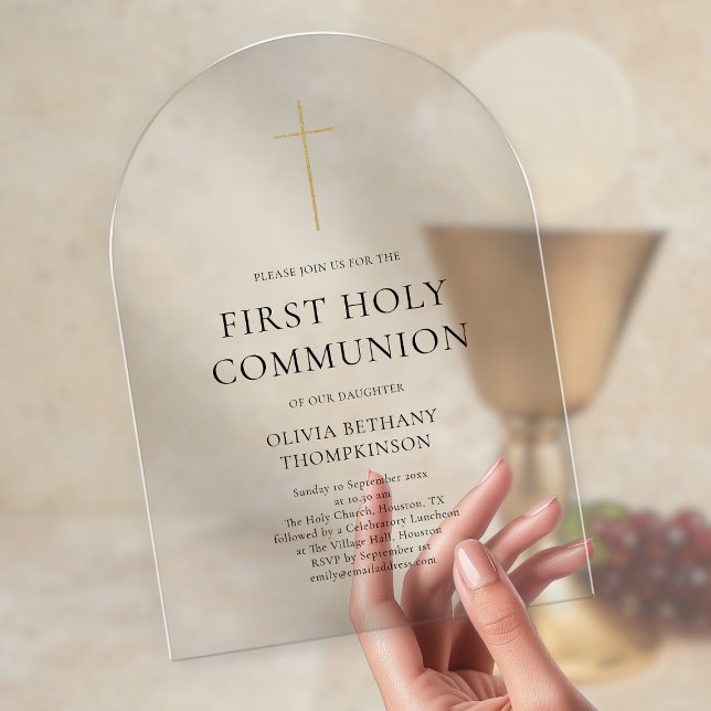 Minimalist Gold Cross First Holy Communion Acrylic Invitations (Creator Uploaded)
