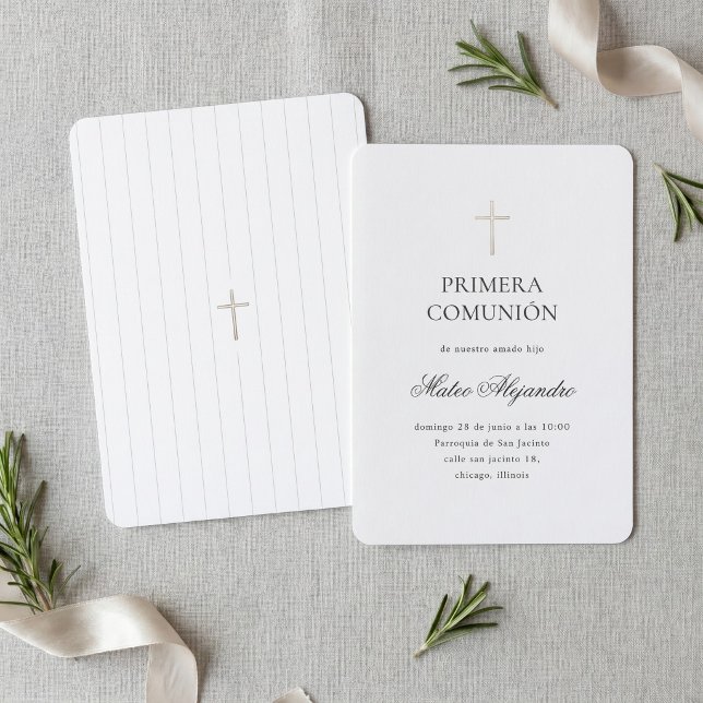Minimalist Gold Cross Spanish Boy First Communion Invitation (Elegant First Communion Invitation Mockup | Modern Religious Stationery)