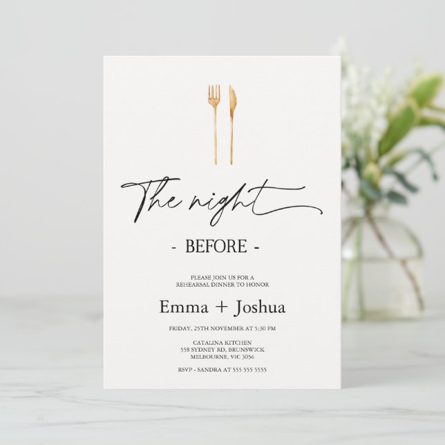 Minimalist Gold Cutlery Photo Rehearsal Dinner  Invitation (Standing Front)