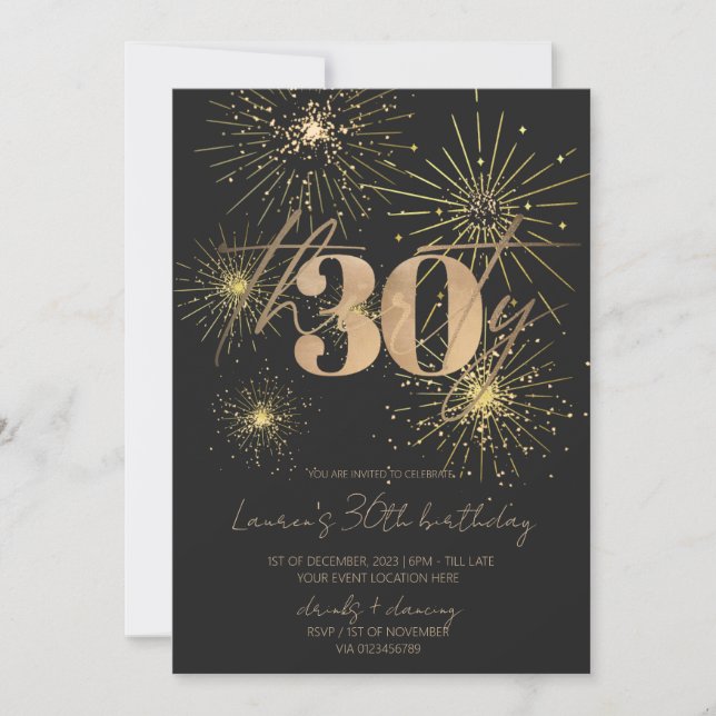 Minimalist Gold Fireworks 30th birthday party  Invitation (Front)