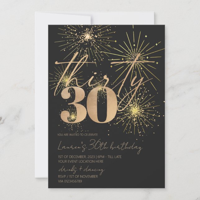 Minimalist Gold Fireworks 30th birthday party  Invitation (Front)