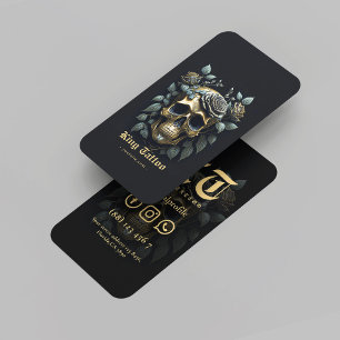 Minimalist Gold Floral Skull Tattoo Artist Business Card